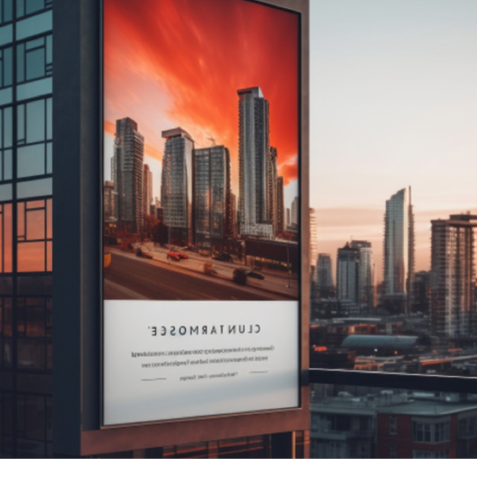 Digital billboard with cityscape against orange sunset sky